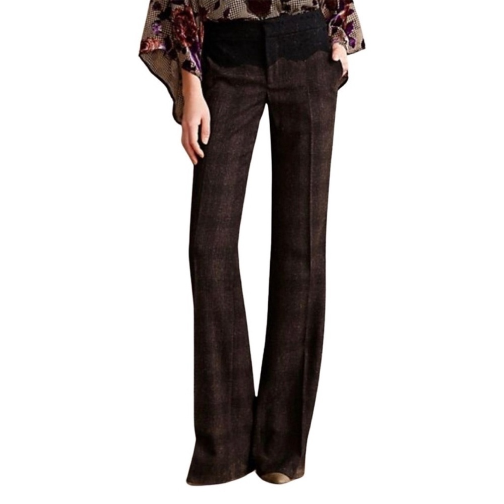 Anthropologie | Elevenses Brighton Brown Plaid Wide Leg Lace Trim Pants Size 4